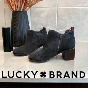 Lucky Brand DEBRUH Black Suede Leather Bootie with Stacked Heel